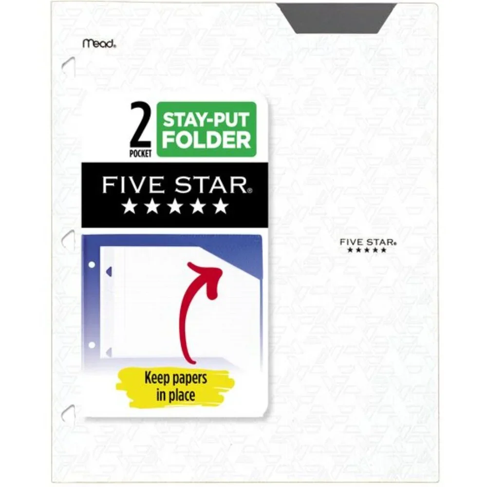 Mead Five Star Tay-Put 2-Pocket Plastic Folder Asst Colors School Office Home
